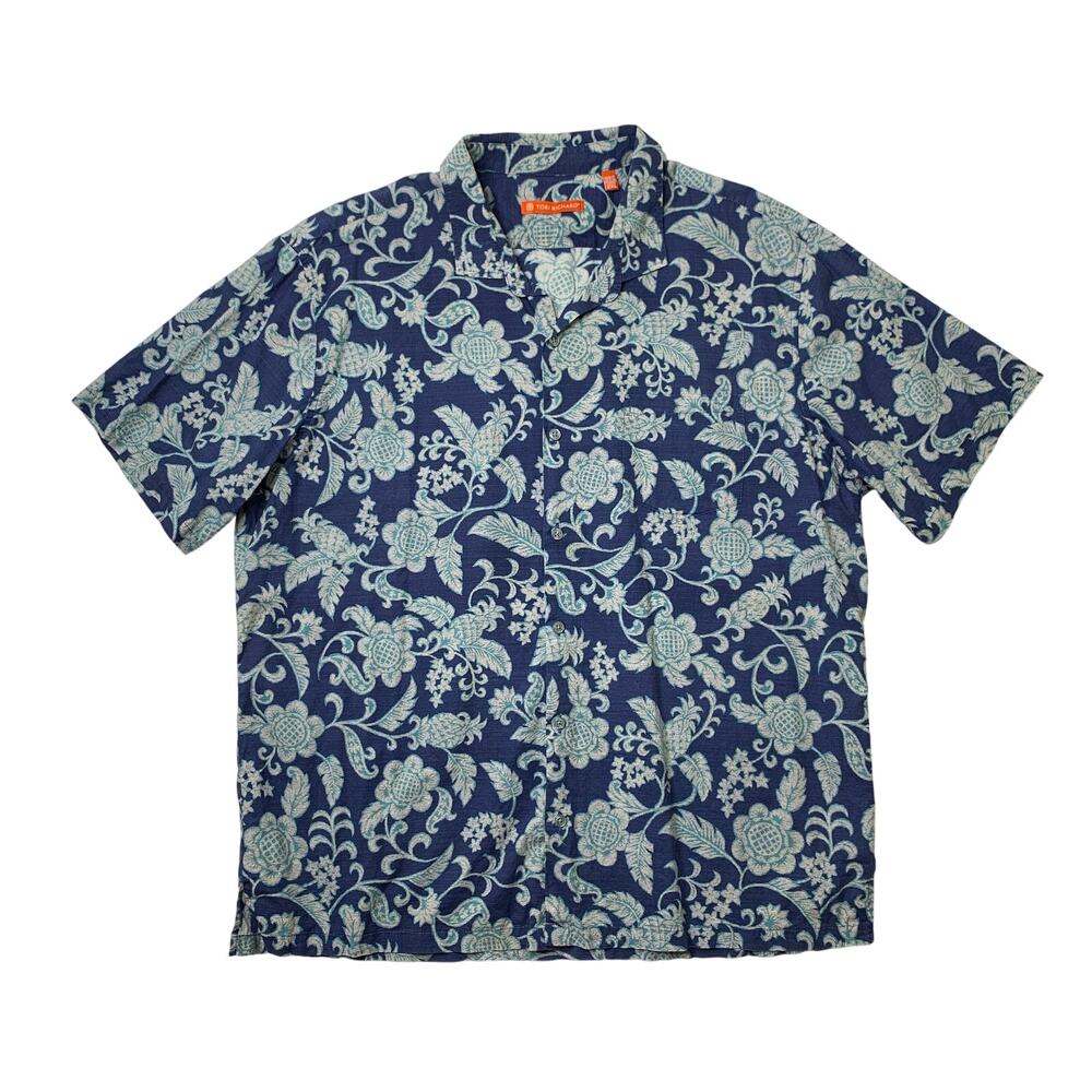 Tori Richard Shirt Mens 2XL Blue Cotton Lawn Short Sleeve Floral Hawaiian